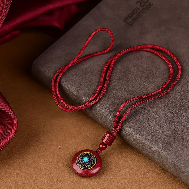 Fortune Jewel Natural Cinnabar Six True Words 'Om Mani Padme Hum' Braided String Blessing Key Chain Necklace Pendant