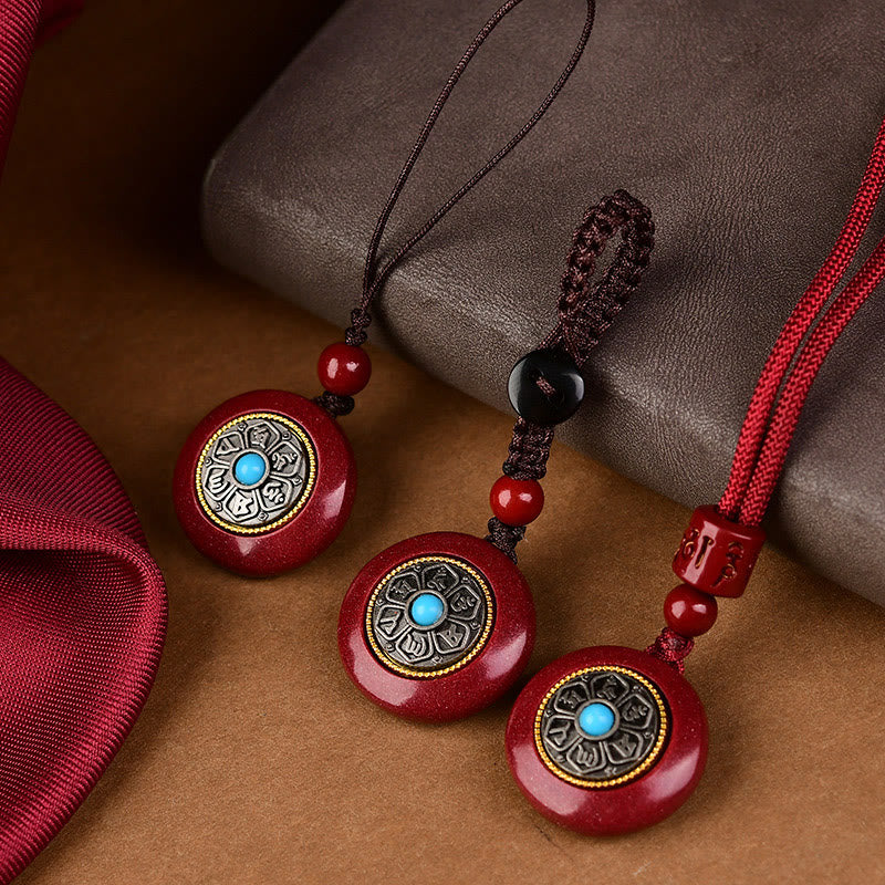 Fortune Jewel Natural Cinnabar Six True Words 'Om Mani Padme Hum' Braided String Blessing Key Chain Necklace Pendant