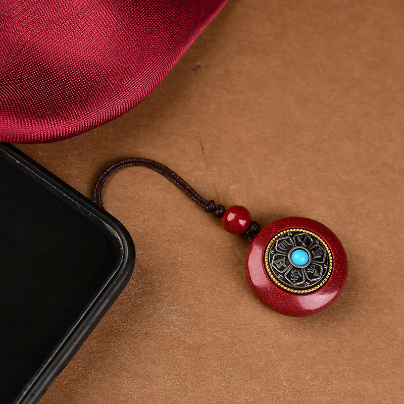 Fortune Jewel Natural Cinnabar Six True Words 'Om Mani Padme Hum' Braided String Blessing Key Chain Necklace Pendant