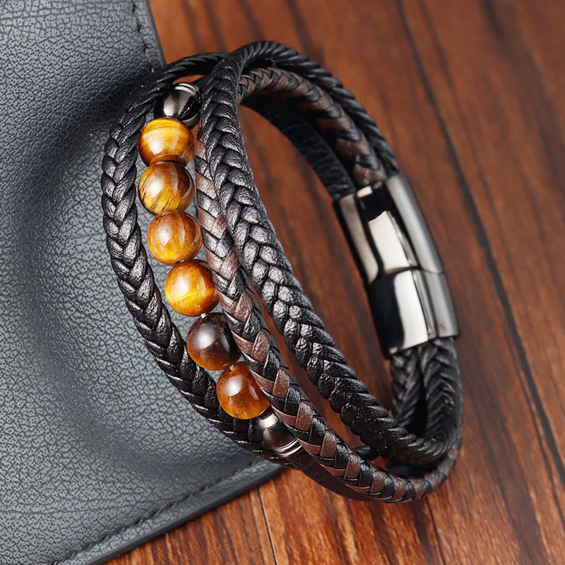 Fortune Jewel Tiger Eye Stone Protection Leather Bracelet