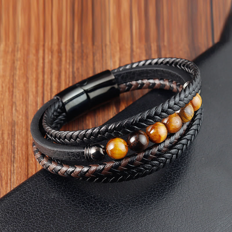 Fortune Jewel Tiger Eye Stone Protection Leather Bracelet