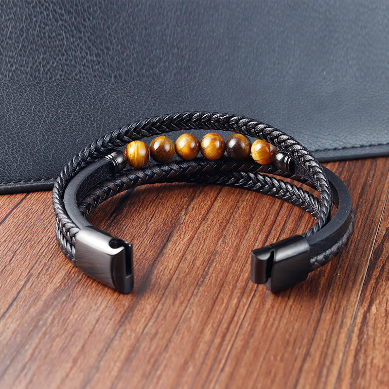 Fortune Jewel Tiger Eye Stone Protection Leather Bracelet
