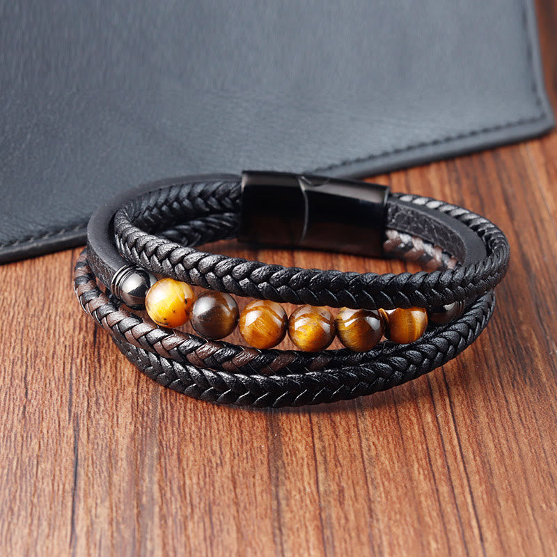 Fortune Jewel Tiger Eye Stone Protection Leather Bracelet