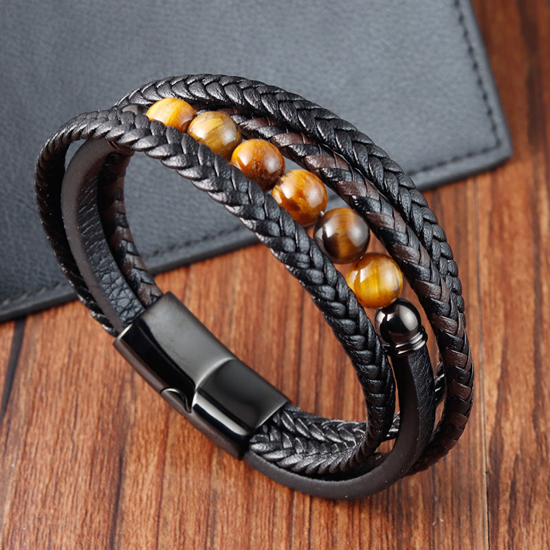 Fortune Jewel Tiger Eye Stone Protection Leather Bracelet