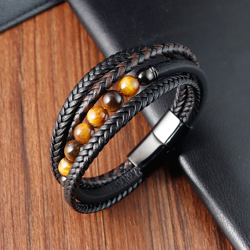 Fortune Jewel Tiger Eye Stone Protection Leather Bracelet