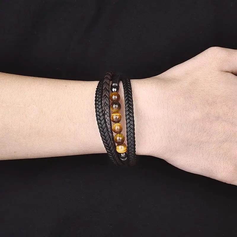 Fortune Jewel Tiger Eye Stone Protection Leather Bracelet