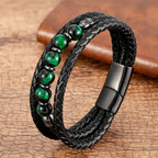 Fortune Jewel Tiger Eye Lava Rock Hematite Black Onyx Bead Positive Leather Bracelet