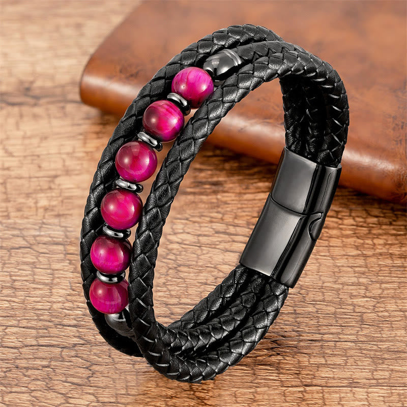 Fortune Jewel Tiger Eye Lava Rock Hematite Black Onyx Bead Positive Leather Bracelet