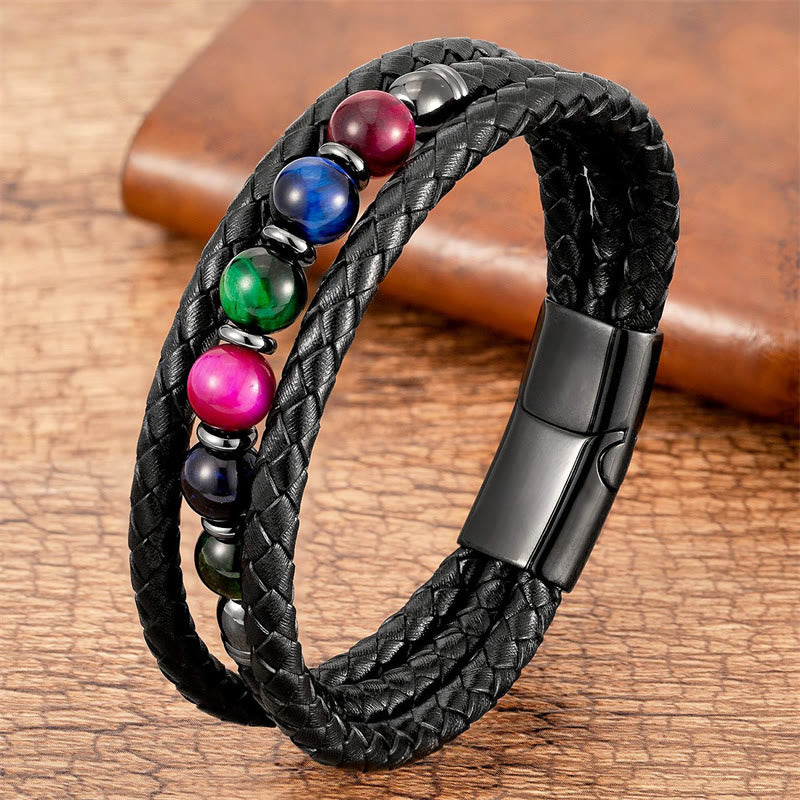 Fortune Jewel Tiger Eye Lava Rock Hematite Black Onyx Bead Positive Leather Bracelet