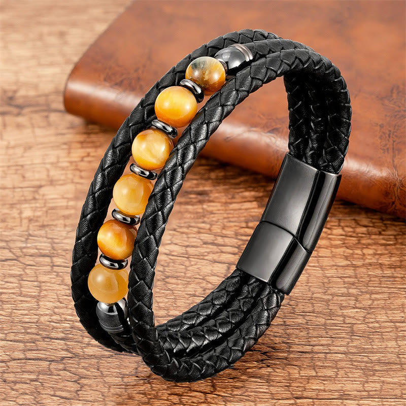 Fortune Jewel Tiger Eye Lava Rock Hematite Black Onyx Bead Positive Leather Bracelet