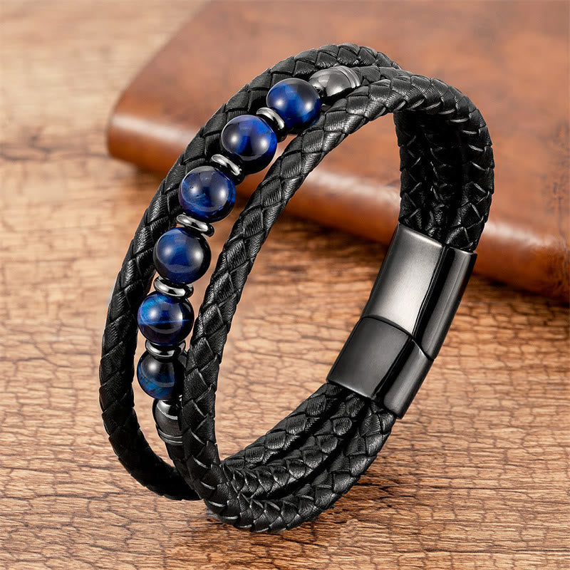 Fortune Jewel Tiger Eye Lava Rock Hematite Black Onyx Bead Positive Leather Bracelet