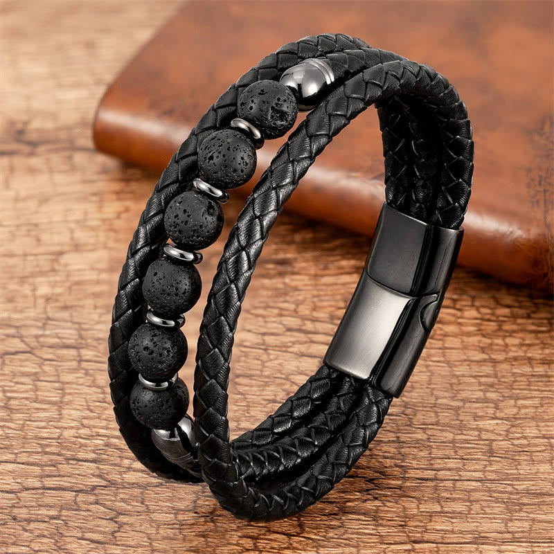 Fortune Jewel Tiger Eye Lava Rock Hematite Black Onyx Bead Positive Leather Bracelet