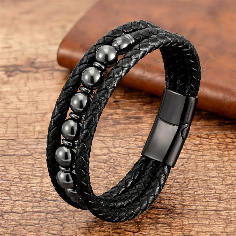 Fortune Jewel Tiger Eye Lava Rock Hematite Black Onyx Bead Positive Leather Bracelet