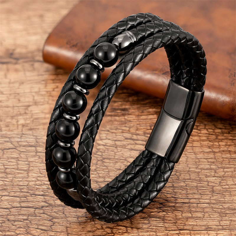 Fortune Jewel Tiger Eye Lava Rock Hematite Black Onyx Bead Positive Leather Bracelet