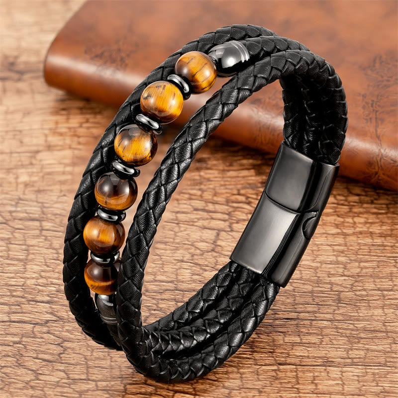 Fortune Jewel Tiger Eye Lava Rock Hematite Black Onyx Bead Positive Leather Bracelet