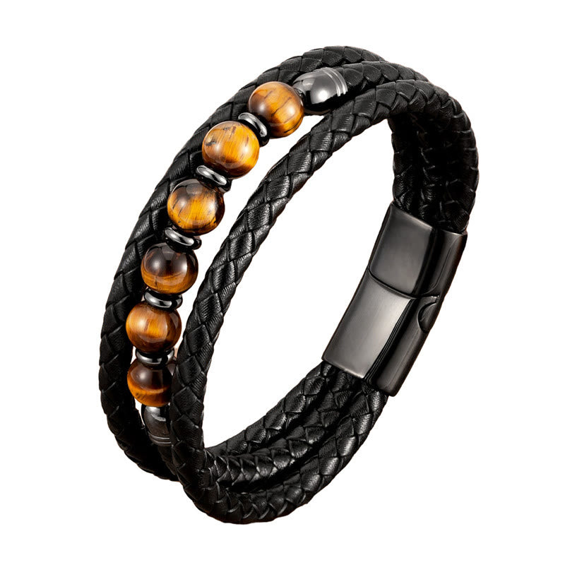 Fortune Jewel Tiger Eye Lava Rock Hematite Black Onyx Bead Positive Leather Bracelet