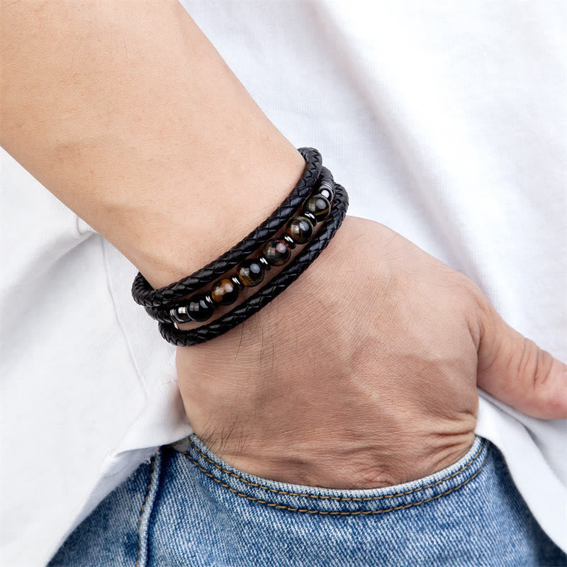 Fortune Jewel Tiger Eye Lava Rock Hematite Black Onyx Bead Positive Leather Bracelet