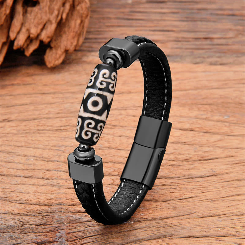 Fortune Jewel Tibetan Dzi Bead Protection Blessings Leather Bracelet