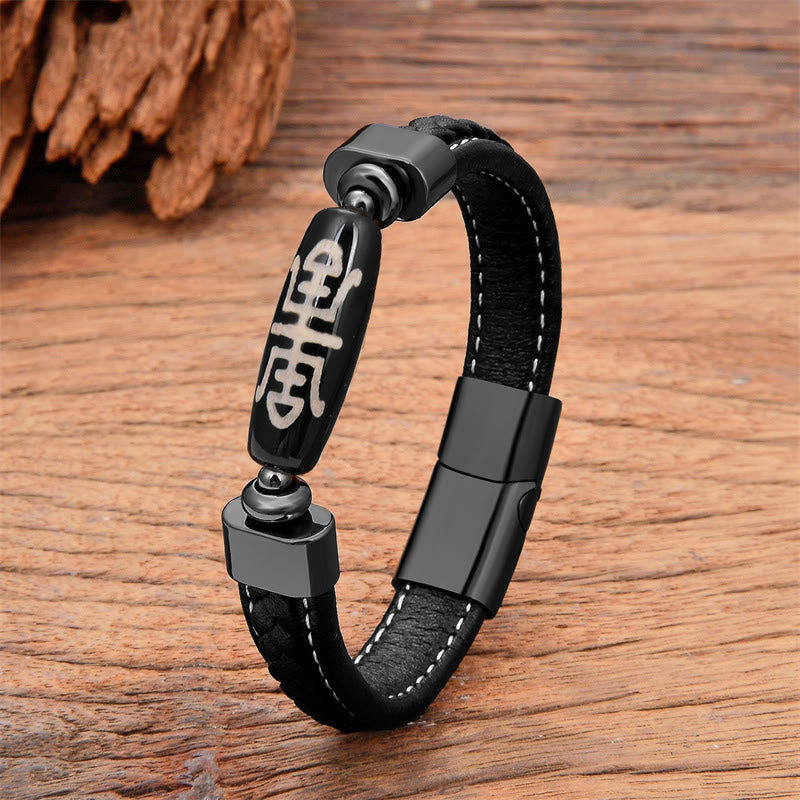 Fortune Jewel Tibetan Dzi Bead Protection Blessings Leather Bracelet