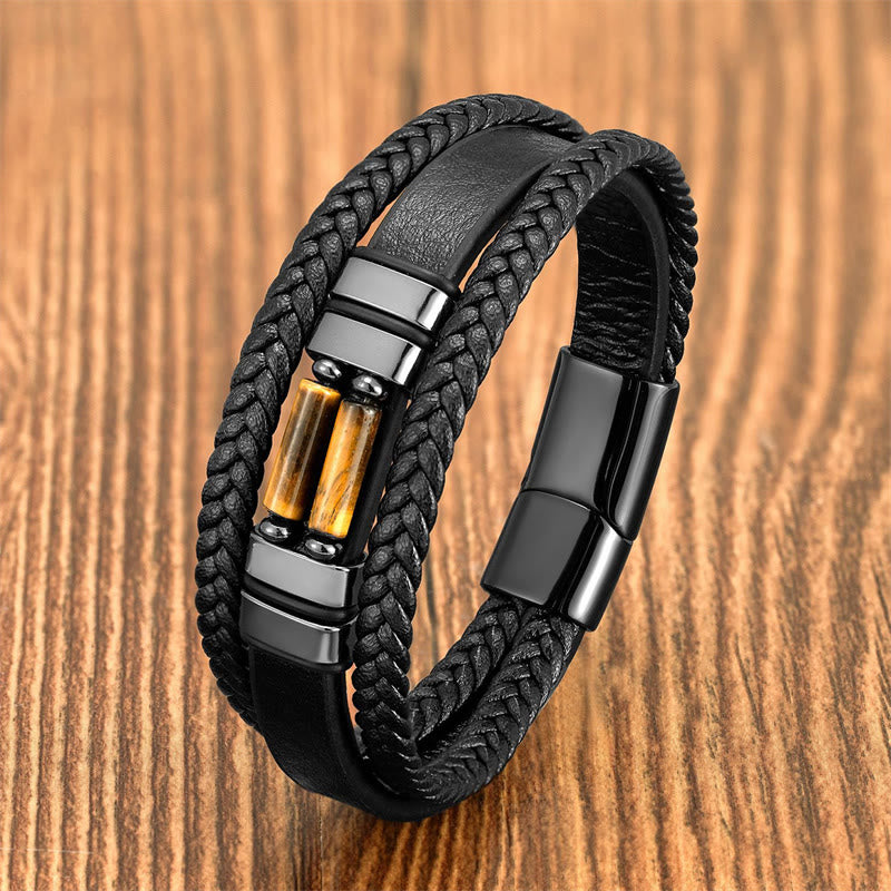 Fortune Jewel Tiger Eye Lazurite Hematite Picture Jasper Black Onyx Strength Multi-layer Leather Bracelet