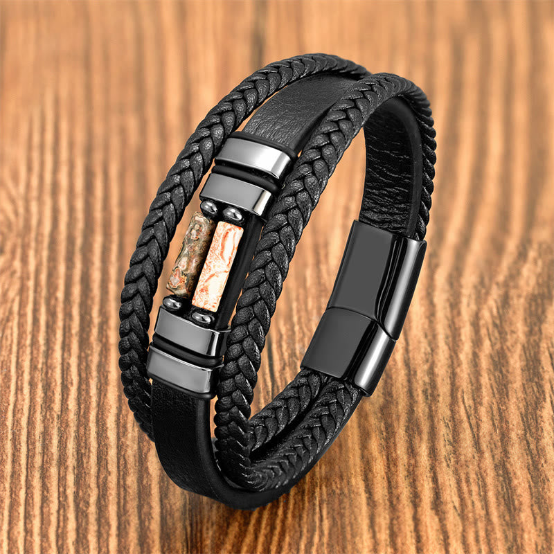 Fortune Jewel Tiger Eye Lazurite Hematite Picture Jasper Black Onyx Strength Multi-layer Leather Bracelet
