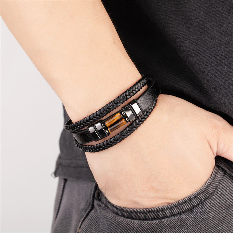 Fortune Jewel Tiger Eye Lazurite Hematite Picture Jasper Black Onyx Strength Multi-layer Leather Bracelet