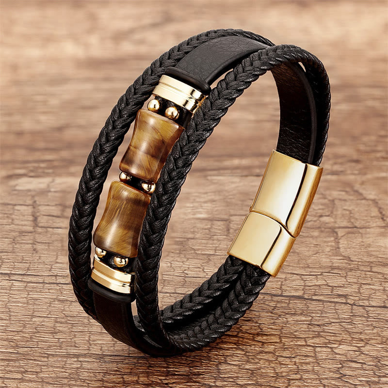 Fortune Jewel Tiger Eye Bamboo Stone Integrity Courage Multi-layer Leather Bracelet