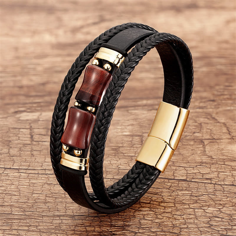 Fortune Jewel Tiger Eye Bamboo Stone Integrity Courage Multi-layer Leather Bracelet
