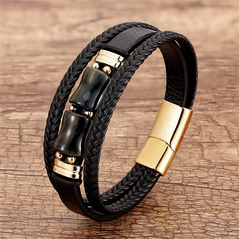Fortune Jewel Tiger Eye Bamboo Stone Integrity Courage Multi-layer Leather Bracelet