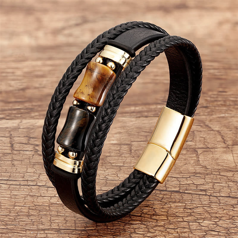 Fortune Jewel Tiger Eye Bamboo Stone Integrity Courage Multi-layer Leather Bracelet