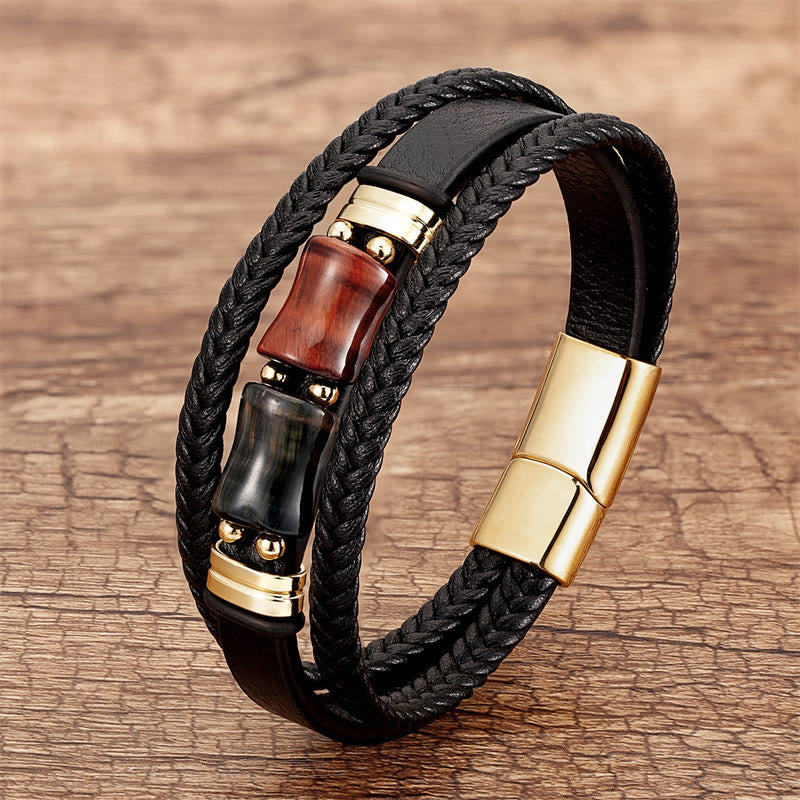 Fortune Jewel Tiger Eye Bamboo Stone Integrity Courage Multi-layer Leather Bracelet