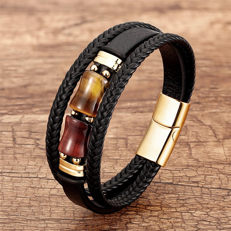 Fortune Jewel Tiger Eye Bamboo Stone Integrity Courage Multi-layer Leather Bracelet