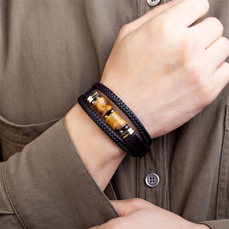 Fortune Jewel Tiger Eye Bamboo Stone Integrity Courage Multi-layer Leather Bracelet