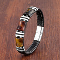Fortune Jewel Tiger Eye Three Bamboo Stone Protection Power Leather Bracelet