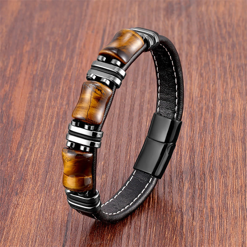 Fortune Jewel Tiger Eye Three Bamboo Stone Protection Power Leather Bracelet