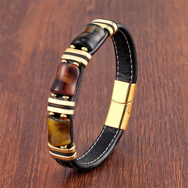 Fortune Jewel Tiger Eye Three Bamboo Stone Protection Power Leather Bracelet