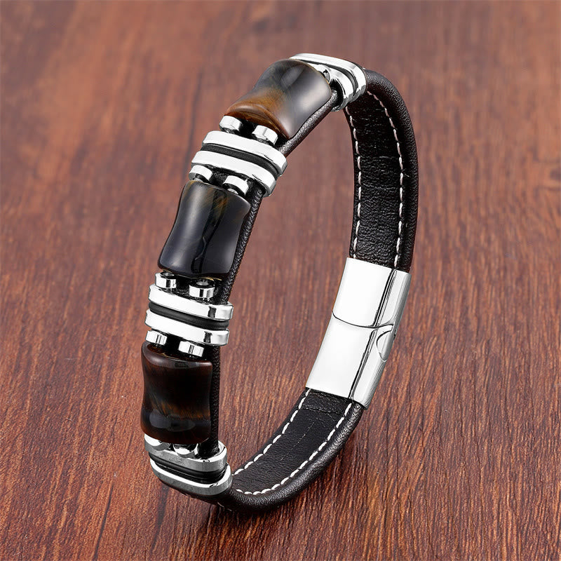 Fortune Jewel Tiger Eye Three Bamboo Stone Protection Power Leather Bracelet