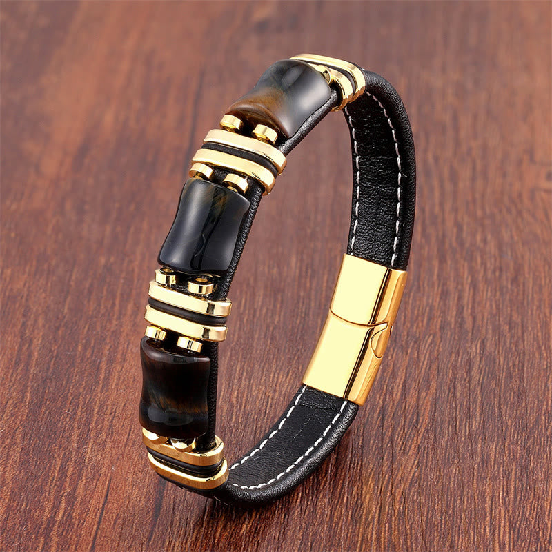 Fortune Jewel Tiger Eye Three Bamboo Stone Protection Power Leather Bracelet