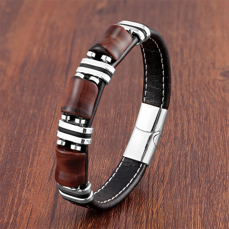 Fortune Jewel Tiger Eye Three Bamboo Stone Protection Power Leather Bracelet