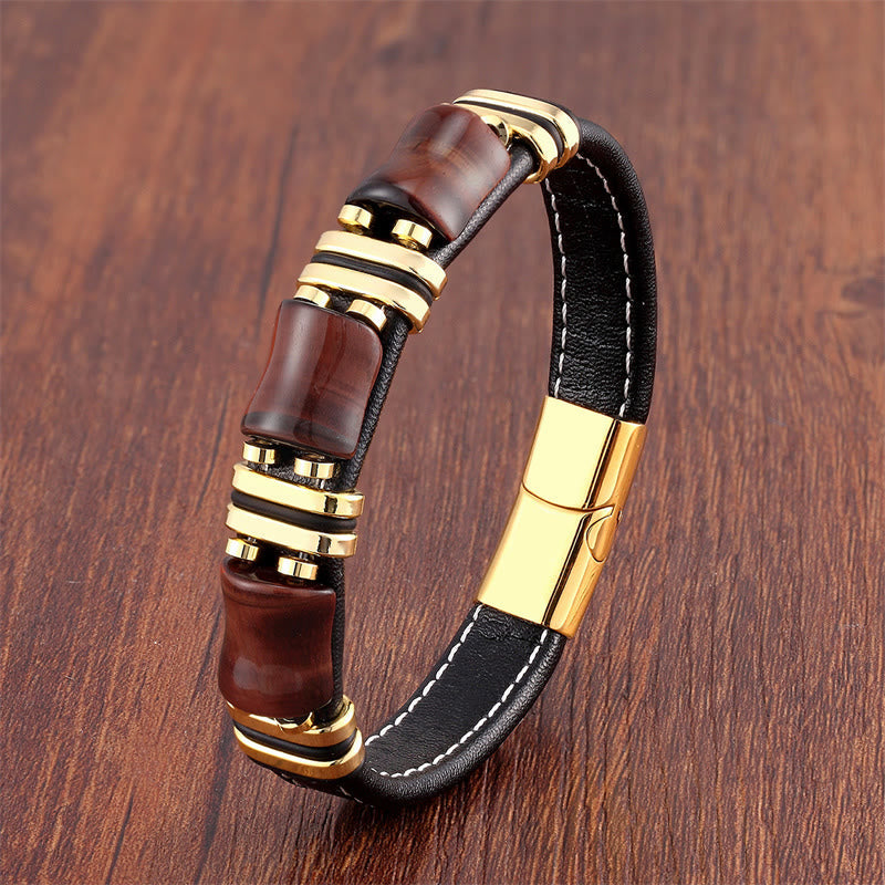Fortune Jewel Tiger Eye Three Bamboo Stone Protection Power Leather Bracelet