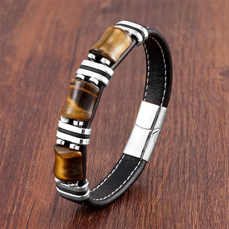 Fortune Jewel Tiger Eye Three Bamboo Stone Protection Power Leather Bracelet