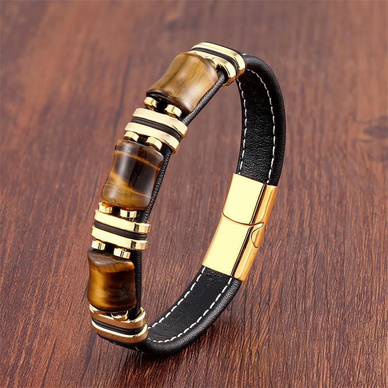 Fortune Jewel Tiger Eye Three Bamboo Stone Protection Power Leather Bracelet