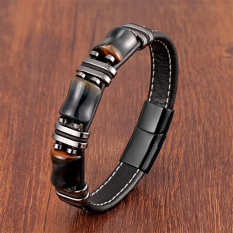 Fortune Jewel Tiger Eye Three Bamboo Stone Protection Power Leather Bracelet