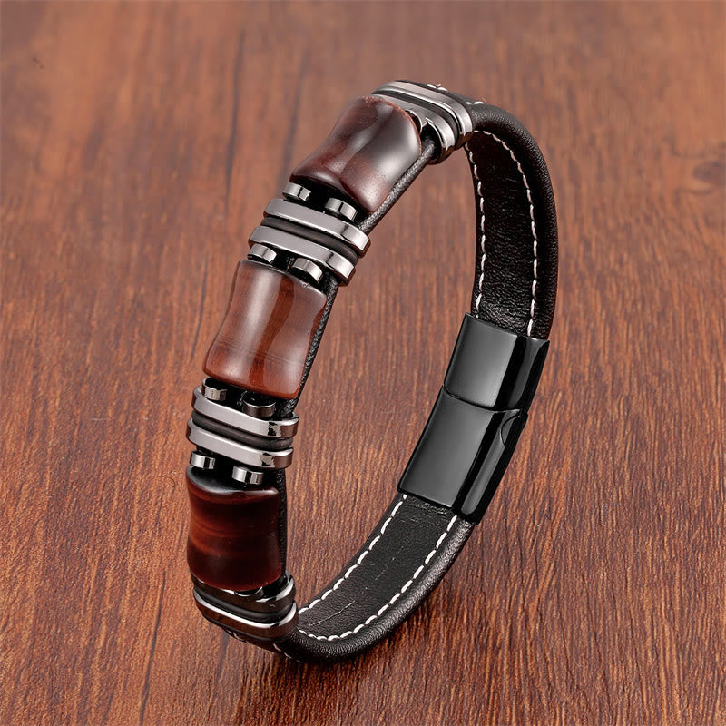 Fortune Jewel Tiger Eye Three Bamboo Stone Protection Power Leather Bracelet