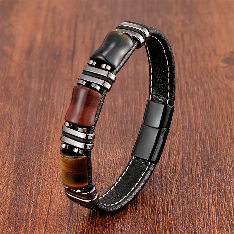 Fortune Jewel Tiger Eye Three Bamboo Stone Protection Power Leather Bracelet