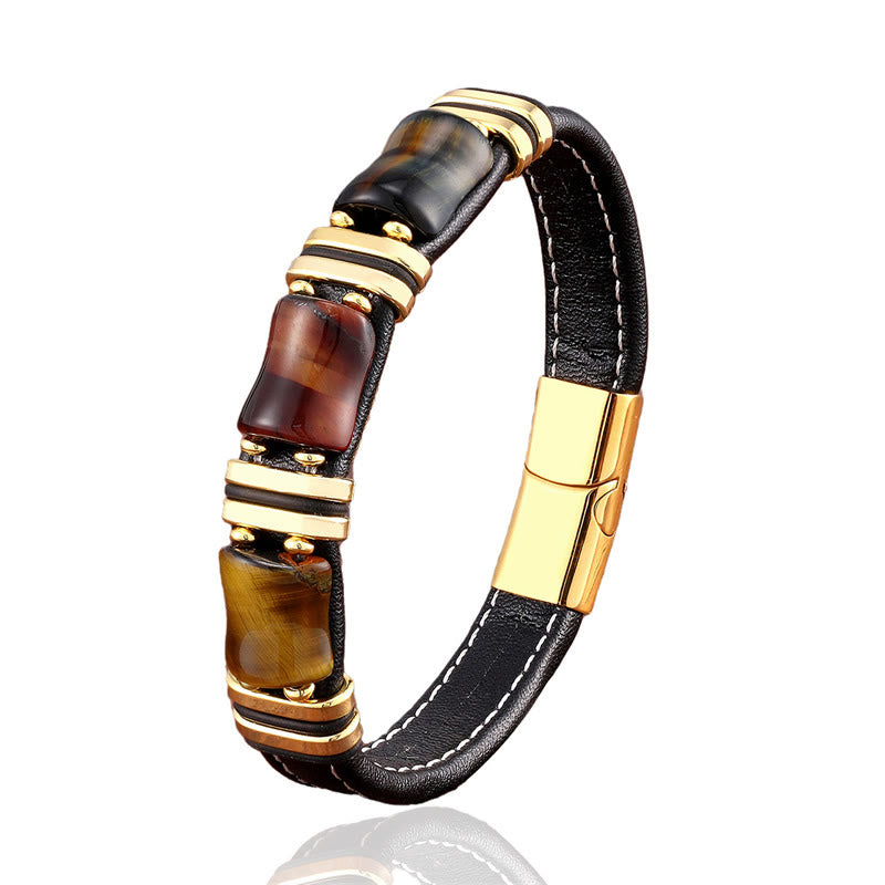 Fortune Jewel Tiger Eye Three Bamboo Stone Protection Power Leather Bracelet