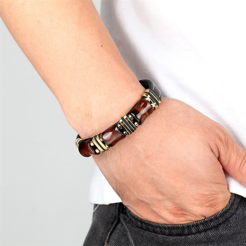 Fortune Jewel Tiger Eye Three Bamboo Stone Protection Power Leather Bracelet
