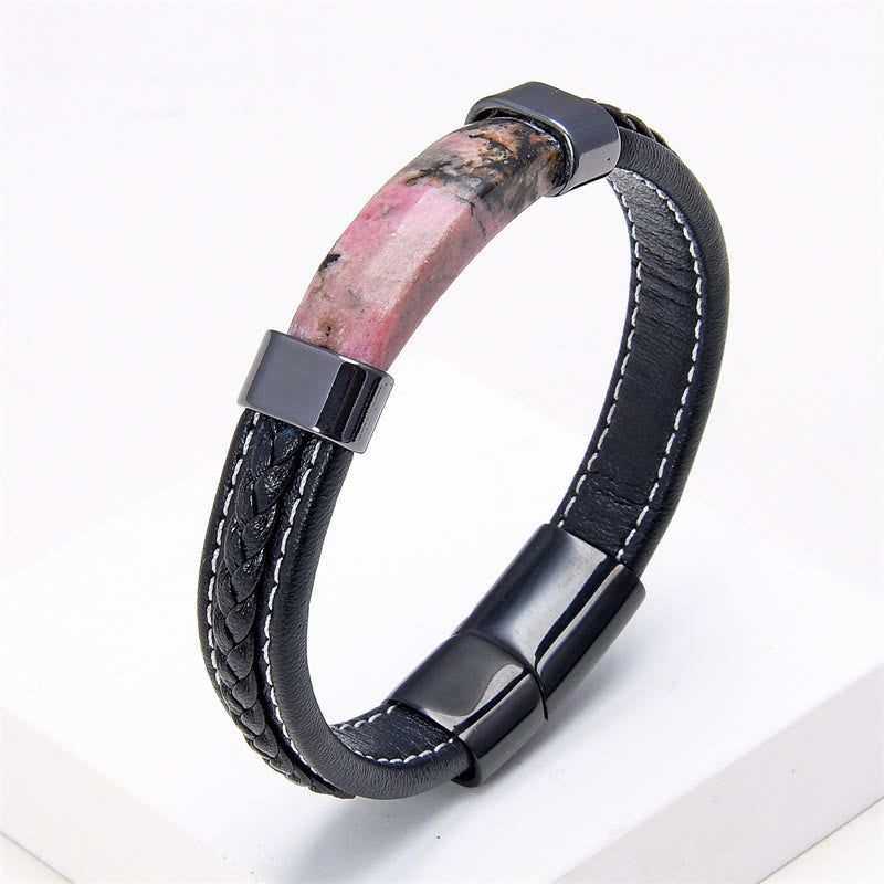 Fortune Jewel Lazurite Tiger Eye Rhodonite Hematite Black Onyx Stone Balance Leather Bracelet