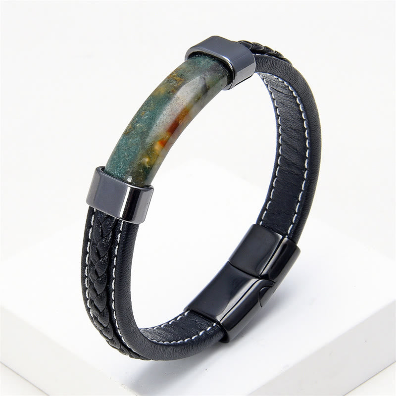 Fortune Jewel Lazurite Tiger Eye Rhodonite Hematite Black Onyx Stone Balance Leather Bracelet