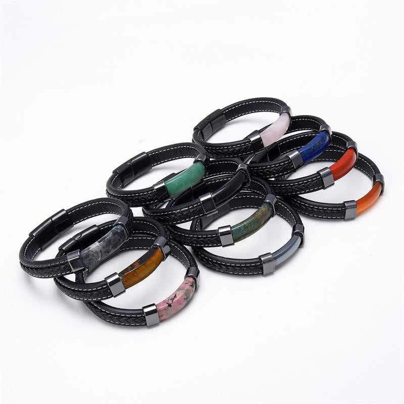 Fortune Jewel Lazurite Tiger Eye Rhodonite Hematite Black Onyx Stone Balance Leather Bracelet